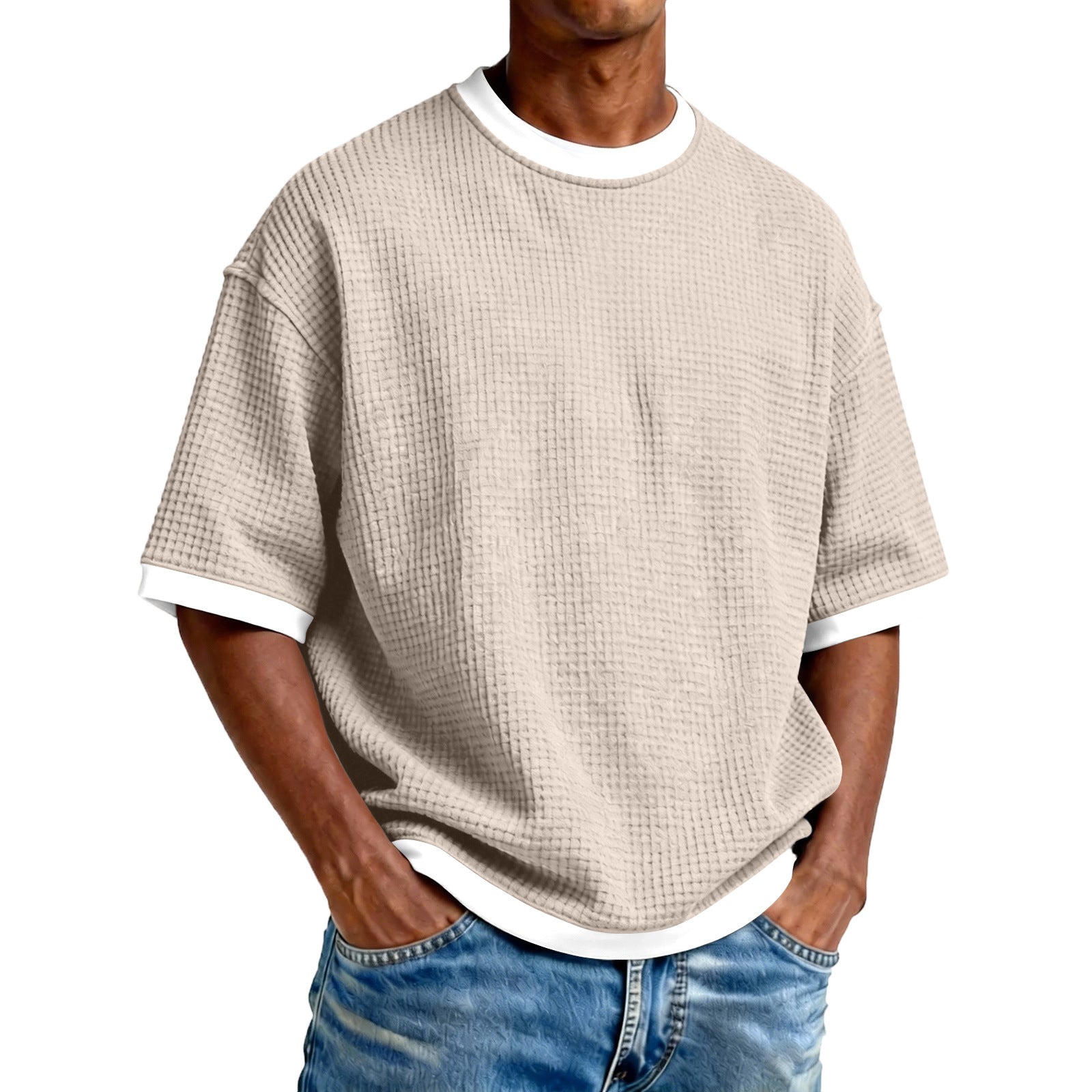 Men's Crew-Neck Contrast-Colored Casual T-Shirt